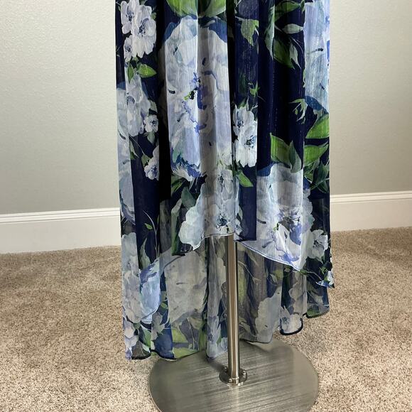 Eliza J Floral Print Chiffon High Low Maxi Dress Blue Size 4 Metallic Halter - Picture 9 of 15